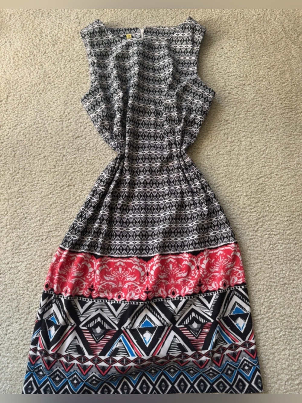 Mario Serrani Black, White, Coral & Blue Patterned Maxi Dress business classy
